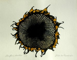 Sunflower seed head Moku Hanga print