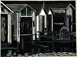 Boat Sheds at Ngapipi Road, Lino reduction print