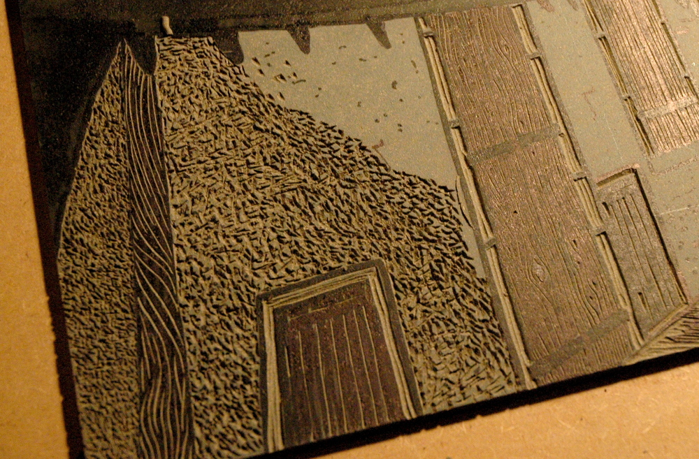 Alet les Bains, detail of cut lino block.